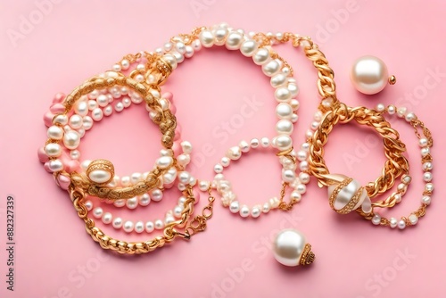 Top view of golden and pearl bracelets on pink and white background with copy space.