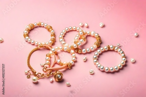 Top view of golden and pearl bracelets on pink and white background with copy space.