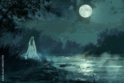 Illustration of La Llorona, Weeping Woman Horror Art, Scary Mexican Legend