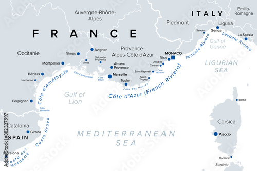 Southern France coasts, political map. Southernmost part of France, bordering the Mediterranean Sea. Map with Provence and French Riviera, Corsica and part of Liguria and Italian Riviera, and Corsica.