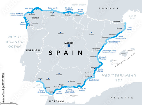 Coasts of Spain, beaches and coastlines of the Spanish Riviera, political map. Spanish mainland on the Iberian Peninsula, with the touristic names of seventeen famous beaches, such as Costa del Sol.