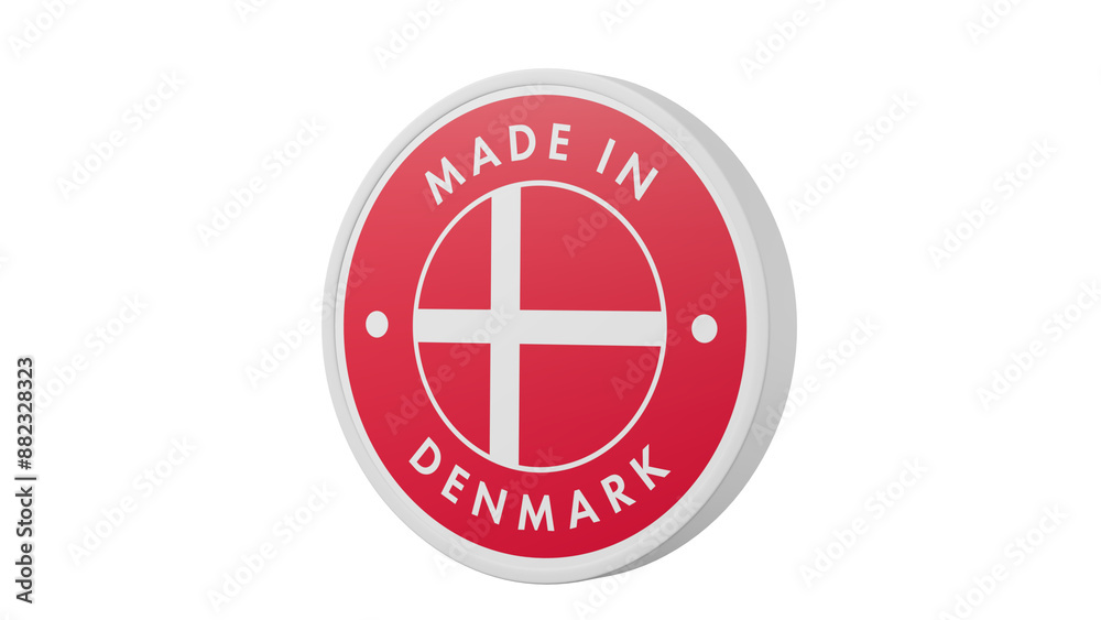 Made in Denmark. Circle country flag product label round pinback button banner simple. Transparent backgound. 3d rendered with alpha channel. Round shape. Made in Denmark. Circle country flag product label round pinback button banner simple. Transparent backgound. 3d rendered with alpha channel. Round shape.