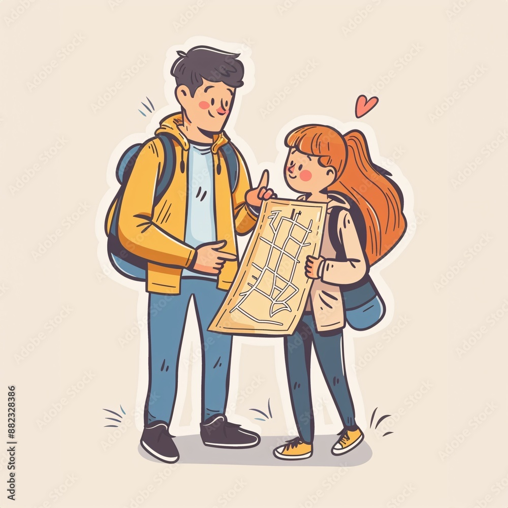 A parent and child looking at a map together - A cartoon of a boy and girl looking at a map A parent and child looking at a map together - A cartoon of a boy and girl looking at a map