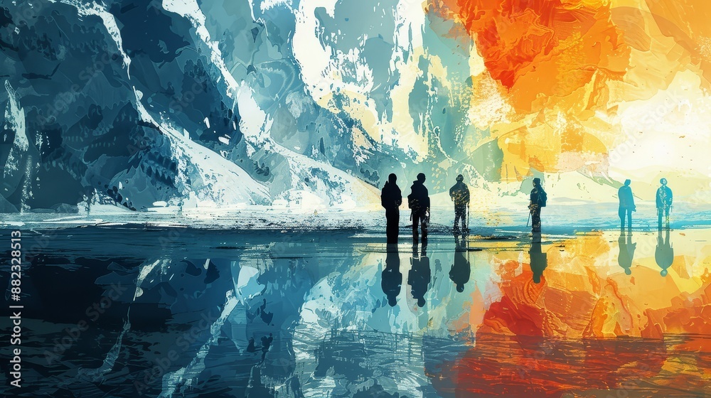 Silhouettes of People Against Majestic Mountains - A digital painting depicting silhouettes of people standing against a breathtaking backdrop of snow-capped mountains and a tranquil lake. The scene i