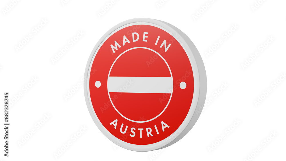 Made in Austria. Circle country flag product label round pinback button banner simple. Transparent backgound. 3d rendered with alpha channel. Round shape. Made in Austria. Circle country flag product label round pinback button banner simple. Transparent backgound. 3d rendered with alpha channel. Round shape.