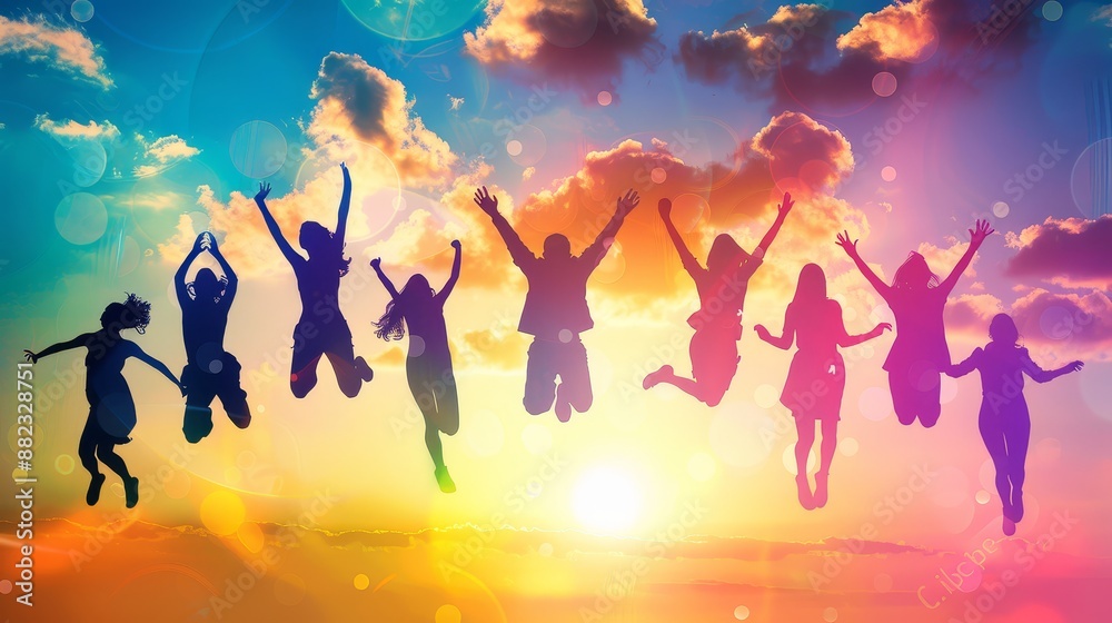 Naklejka premium Silhouettes of Joyful People Jumping at Sunset - A vibrant sunset sky with silhouettes of people jumping in a joyful celebration, showcasing a feeling of happiness, freedom, and optimism. - A vibrant 