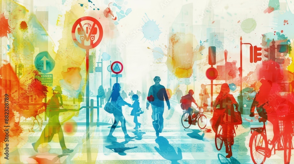 Watercolor Cityscape with People Crossing the Street - A watercolor painting depicting a city scene with people crossing a street. The painting is filled with bright colors and abstract shapes, captur Watercolor Cityscape with People Crossing the Street - A watercolor painting depicting a city scene with people crossing a street. The painting is filled with bright colors and abstract shapes, captur