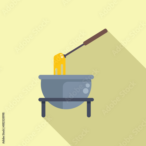 Cheese fondue dripping from a fork over a pot on a stand, in flat design with a long shadow