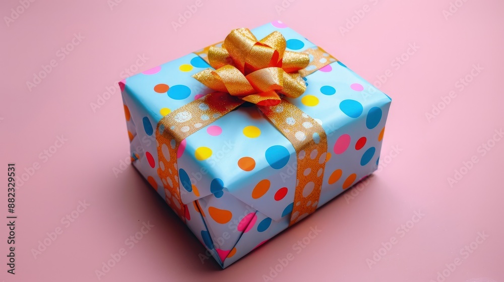 Colorful gift box with polka dot wrapping and gold ribbon on a pink background, perfect for celebrations and special occasions. Colorful gift box with polka dot wrapping and gold ribbon on a pink background, perfect for celebrations and special occasions.