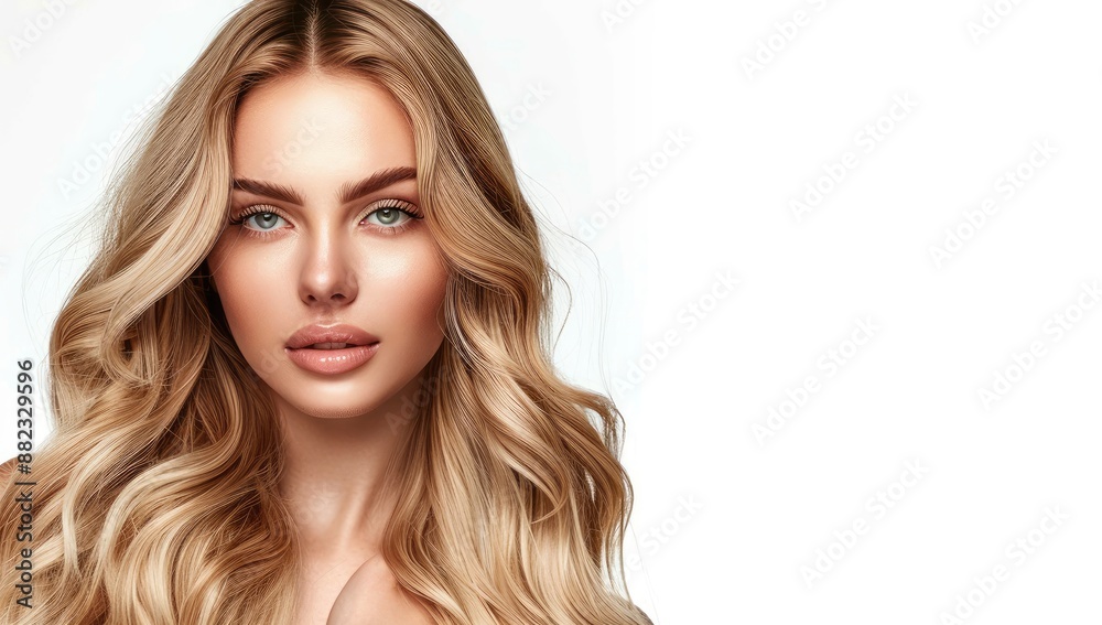 Cheerful young woman with healthy blonde wavy hair and clear skin on white Cheerful young woman with healthy blonde wavy hair and clear skin on white