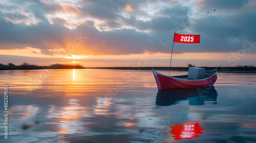 bateau en papier avec drapeau 2025 - carte de nouvel an