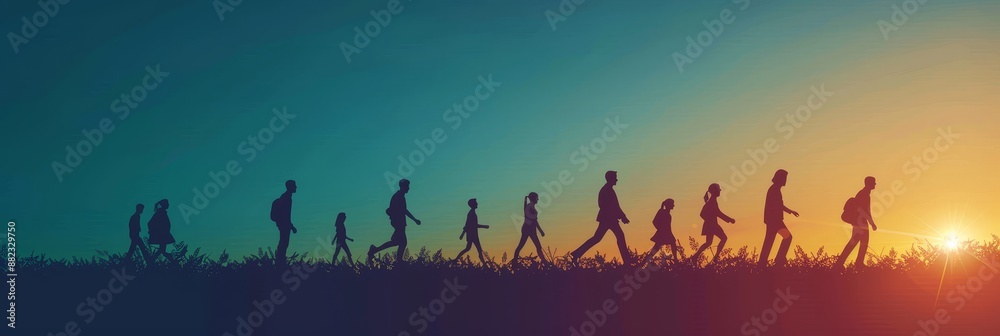 Silhouettes of People Walking Towards the Sunset - A group of people walk towards the sunset, their silhouettes creating a powerful image of hope and progress. - A group of people walk towards the sun Silhouettes of People Walking Towards the Sunset - A group of people walk towards the sunset, their silhouettes creating a powerful image of hope and progress. - A group of people walk towards the sun