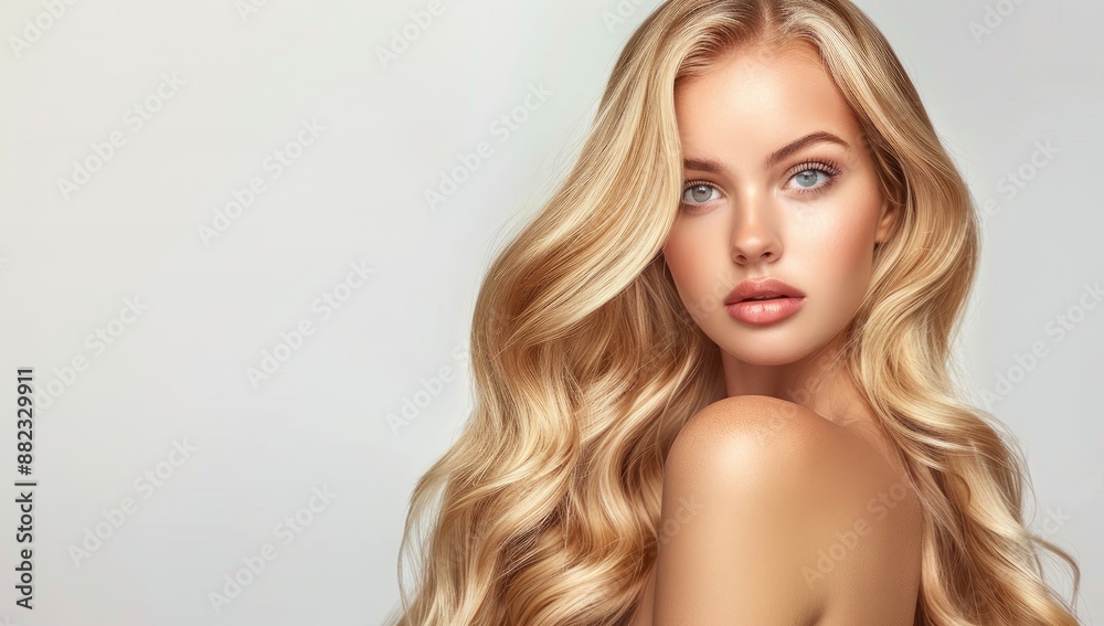 Cheerful young woman with healthy blonde wavy hair and clear skin on white Cheerful young woman with healthy blonde wavy hair and clear skin on white