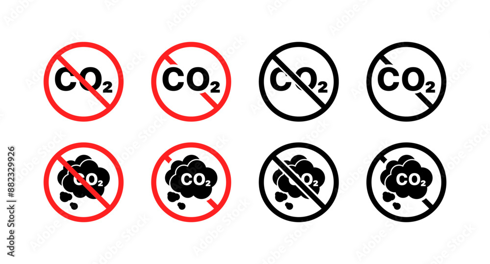 CO2 Carbon Dioxide Set Icons. Prohibitory Icon Sign. Flat and Silhouette styles. Vector icons. CO2 Carbon Dioxide Set Icons. Prohibitory Icon Sign. Flat and Silhouette styles. Vector icons.