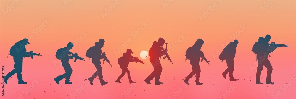Obraz premium Silhouettes of Soldiers Walking Towards the Sunset - A group of soldiers walking towards the sunset. They are all in silhouette, and their weapons are visible. The image is a powerful reminder of the 
