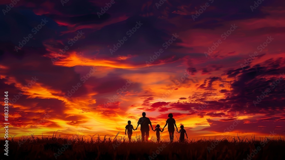 Family Silhouette at Sunset - A silhouette of a family holding hands against a stunning sunset sky. The image represents love, togetherness, and the beauty of nature. - A silhouette of a family holdin Family Silhouette at Sunset - A silhouette of a family holding hands against a stunning sunset sky. The image represents love, togetherness, and the beauty of nature. - A silhouette of a family holdin