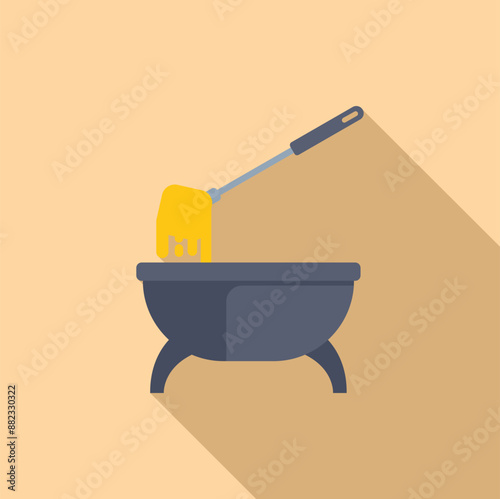 Metal fondue pot is holding melted cheese, and a fondue fork is dipping into it