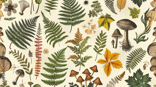 A pattern of leaves and mushrooms on a white background