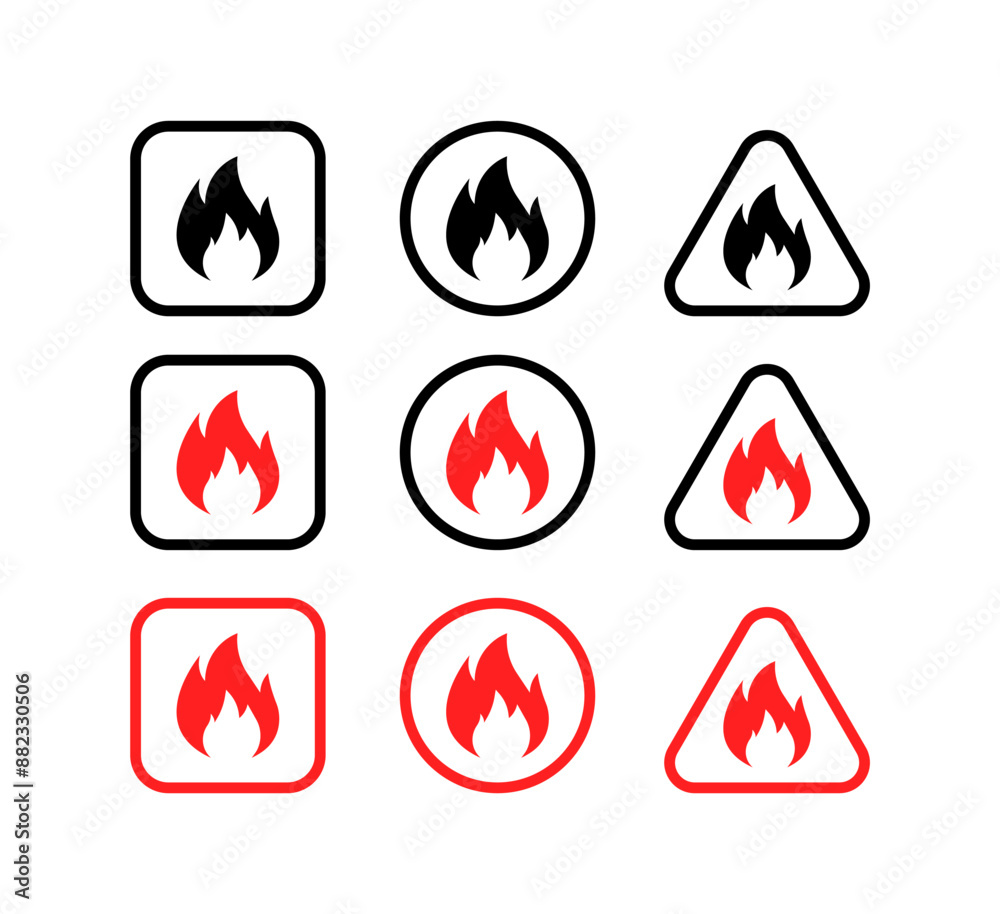 Fire signs set icons. Silhouette and Flat styles. Vector icons. Fire signs set icons. Silhouette and Flat styles. Vector icons.