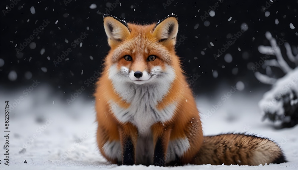 Fototapeta premium A beautiful little fox with dark black background while snowfall