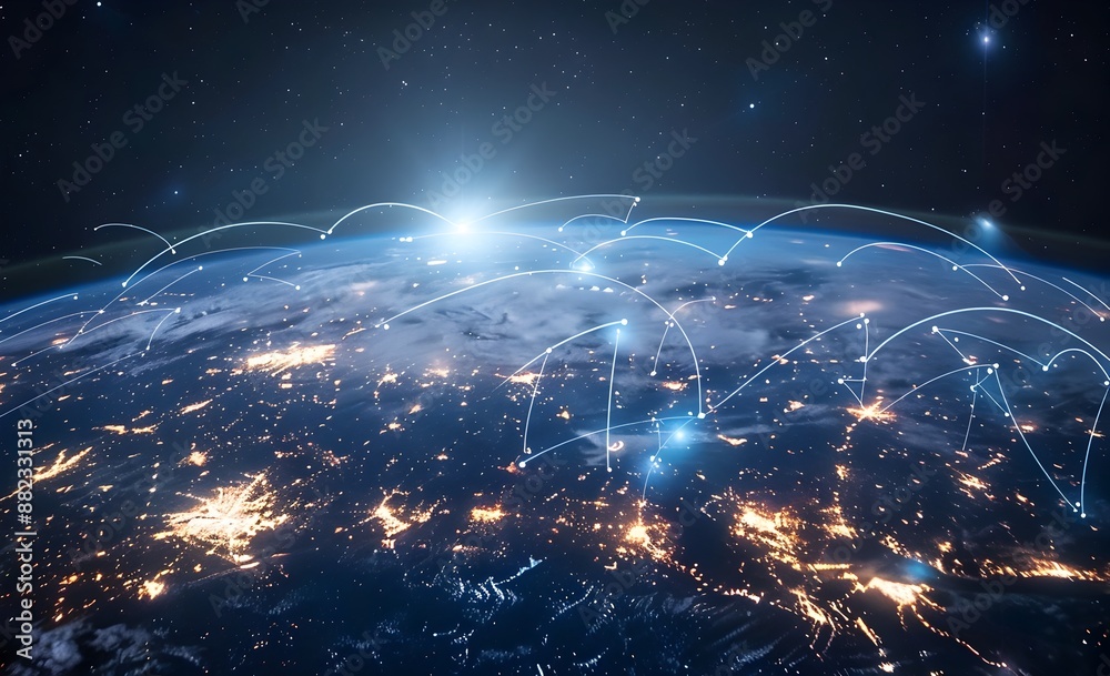 A wide shot of the Earth from space, with glowing city lights forming lines and connections across its surface, symbolizing global connectivity and technology's role in connecting people around the wo A wide shot of the Earth from space, with glowing city lights forming lines and connections across its surface, symbolizing global connectivity and technology's role in connecting people around the wo