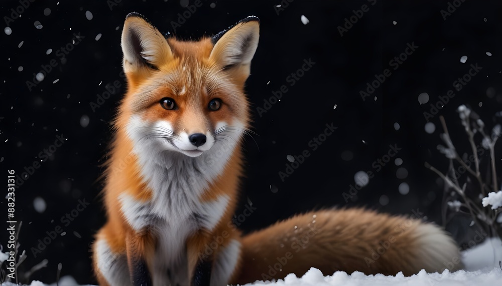 Fototapeta premium A beautiful little fox with dark black background while snowfall