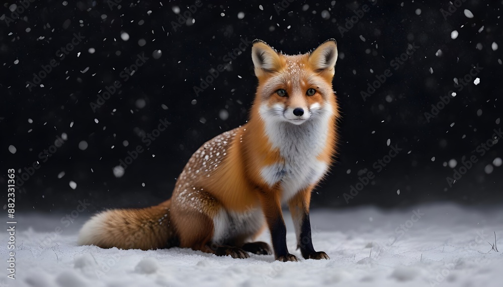 Fototapeta premium A beautiful little fox with dark black background while snowfall