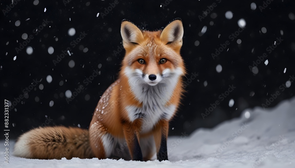 Fototapeta premium A beautiful little fox with dark black background while snowfall