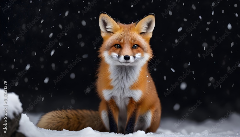 Fototapeta premium A beautiful little fox with dark black background while snowfall