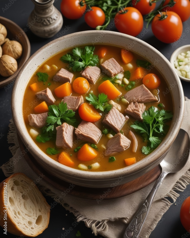 Shurpa is a rich meat soup with vegetables, popular in the Caucasus region and Central Asia. Extremely detailed food photography showcases its vibrant ingredients. Shurpa is a rich meat soup with vegetables, popular in the Caucasus region and Central Asia. Extremely detailed food photography showcases its vibrant ingredients.