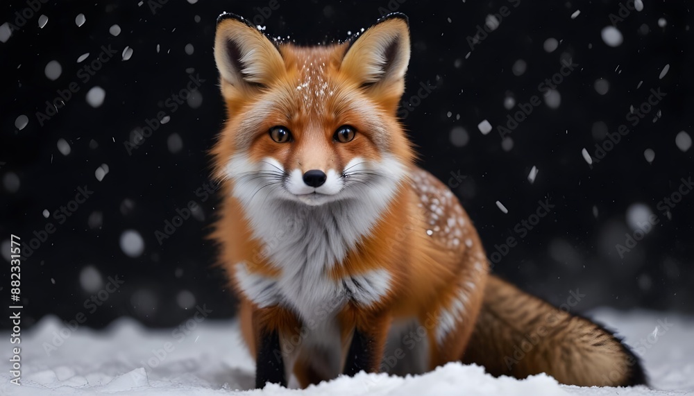 Fototapeta premium A beautiful little fox with dark black background while snowfall