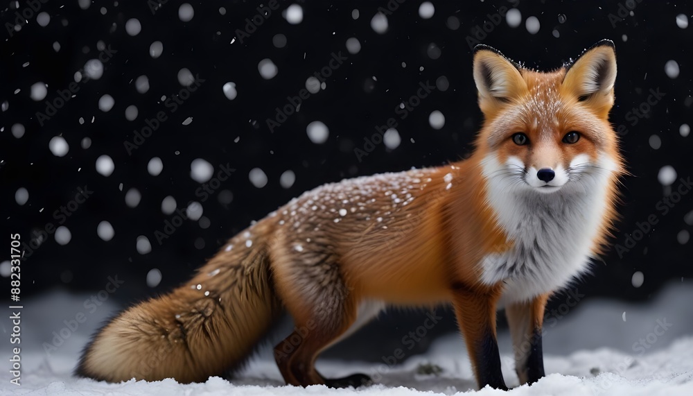 Fototapeta premium A beautiful little fox with dark black background while snowfall