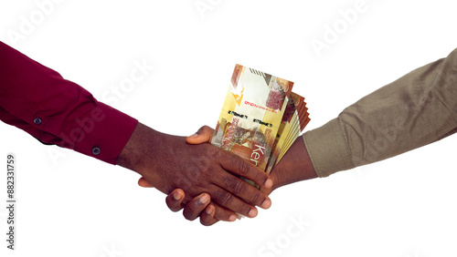 Bild auf Leinwand Two black hands in long sleeve shirts Shaking each other and Receiving Kenyan sh