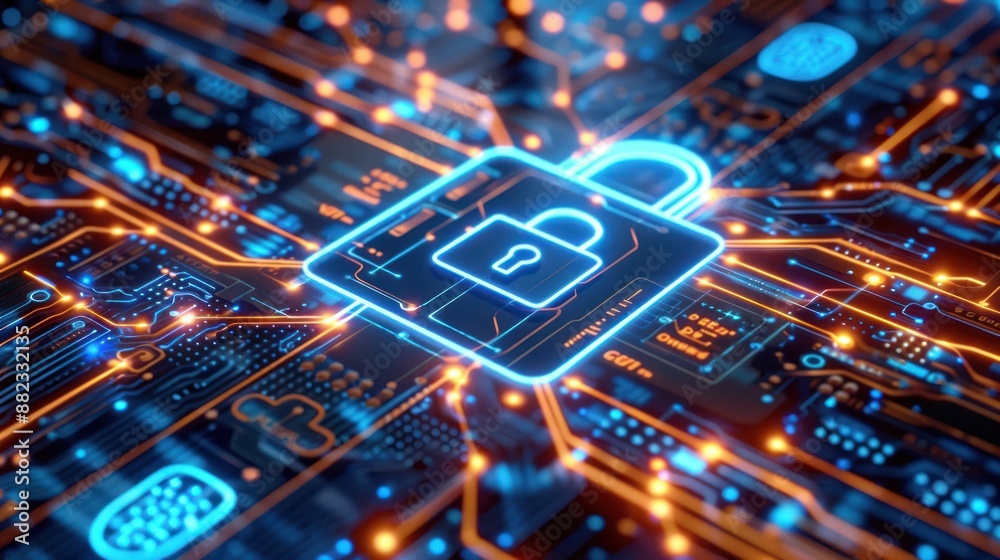 Futuristic digital security concept with a glowing lock symbol on a motherboard representing cybersecurity and data protection. Futuristic digital security concept with a glowing lock symbol on a motherboard representing cybersecurity and data protection.