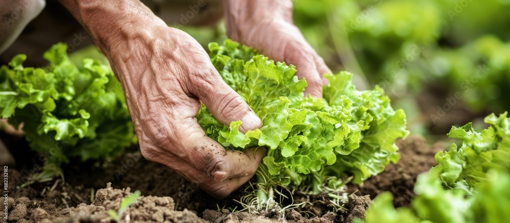 Farmer close-up holding and picking up green lettuce salad leaves Farmer close-up holding and picking up green lettuce salad leaves