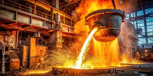 Molten steel pours from the blast furnace tap, radiating intense orange heat, as liquid metal flows into a ladle in a fiery industrial steel mill scene.