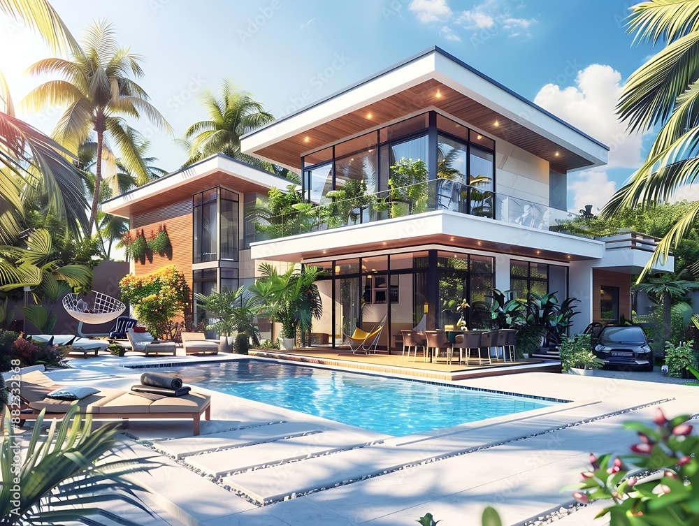 Fototapeta premium A modern luxury ecology house and swimming pool 