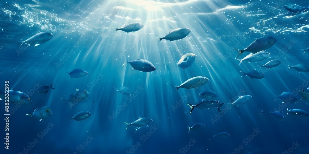 Naklejka premium Fish swim in deep blue sea under sunlit waters with streaming light. Concept Marine life, Underwater photography, Ocean exploration, Natural beauty, Sunlight reflections