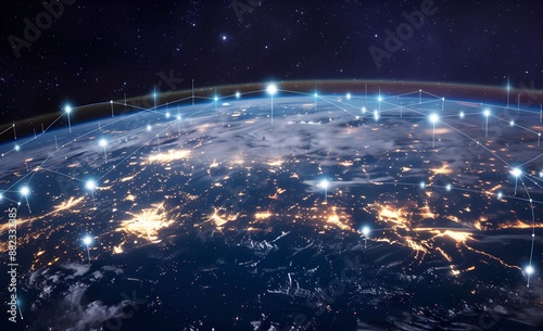 A wide shot of the Earth from space, with glowing city lights forming lines and connections across its surface, symbolizing global connectivity and technology's role in connecting people around the wo