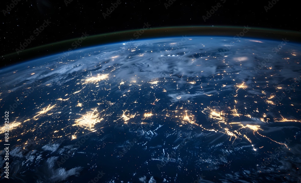 Obraz premium A wide shot of the Earth from space, with glowing city lights forming lines and connections across its surface, symbolizing global connectivity and technology's role in connecting people around the wo