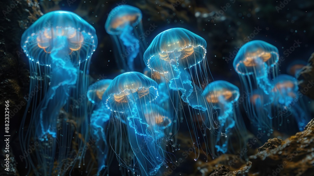 A captivating display of bioluminescent jellyfish glowing underwater, creating an ethereal scene in the dark ocean environment. A captivating display of bioluminescent jellyfish glowing underwater, creating an ethereal scene in the dark ocean environment.