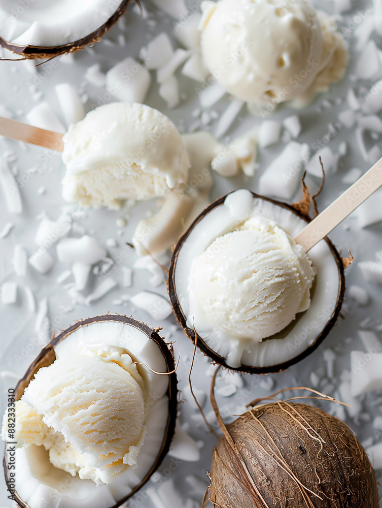 Ice cream with coconut milk and coconut flakes. Milk ice cream. Summer atmosphere, modern style Ice cream with coconut milk and coconut flakes. Milk ice cream. Summer atmosphere, modern style