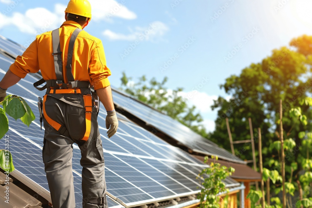 Construction worker walking on roof installing solar panels on a sunny day Construction worker walking on roof installing solar panels on a sunny day