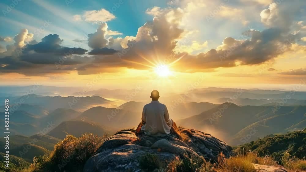silhuette of a man sitting in meditation on a top of a mountain, observing sunset landscape view, 4k new quality stock video footage wallpaper AI silhuette of a man sitting in meditation on a top of a mountain, observing sunset landscape view, 4k new quality stock video footage wallpaper AI