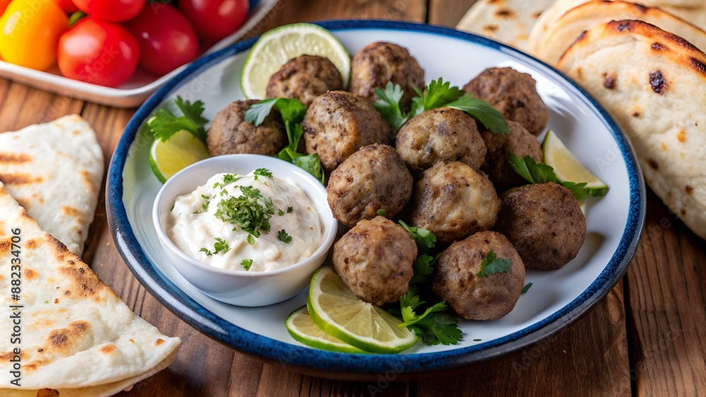 Greek meatballs (keftedes) with pita bread and tzatziki dip.