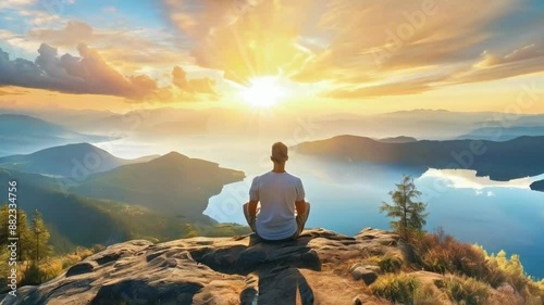 silhuette of a man sitting in meditation on a top of a mountain, observing sunset landscape view, 4k new quality stock video footage wallpaper AI