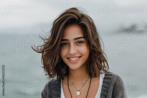 Portrait of a Young Woman with Natural Beauty Genuine Smile Perfect for Conveying Authenticity and Warmth Wallpaper Digital Art Poster Brainstorming Map Magazine Background Cover