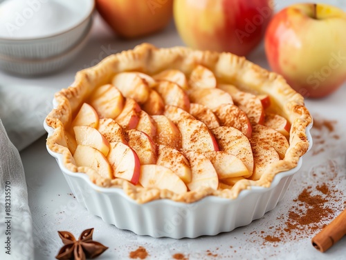 Homemade apple pie with cinnamon and fresh apples on a marble countertop, perfect for autumn dessert or Thanksgiving. photo