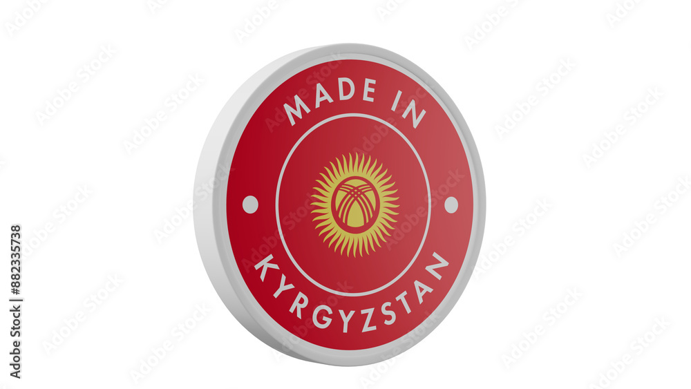 Made in Kyrgyzstan. Circle country flag product label round pinback button banner simple. Transparent backgound. 3d rendered with alpha channel. Round shape. Made in Kyrgyzstan. Circle country flag product label round pinback button banner simple. Transparent backgound. 3d rendered with alpha channel. Round shape.