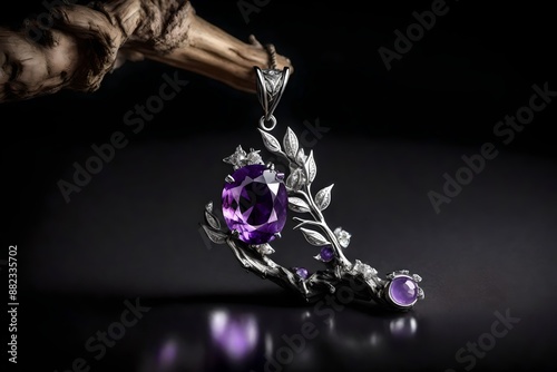 Jewelry pendant witht gem amethyst on twig, black background.